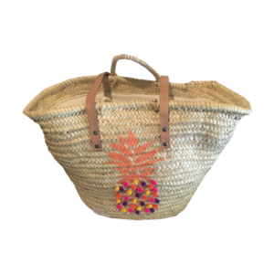 Mixed Pineapple Pom Pom Wicker Bag With Zipper