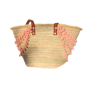 Pink Small Triangle Pom Pom Wicker Bag