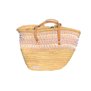 Purple & White Pom Pom Wicker Bag